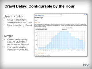 Crawl Delay: Configurable by the Hour

User in control
•    Ask us to crawl slower
     during peak business hours
•    Crawl faster during off-peak




Simple
•    Create crawl graph by
     dragging your mouse
     pointer across the graph
•    Fine tune by clicking
     individual columns, too.
 