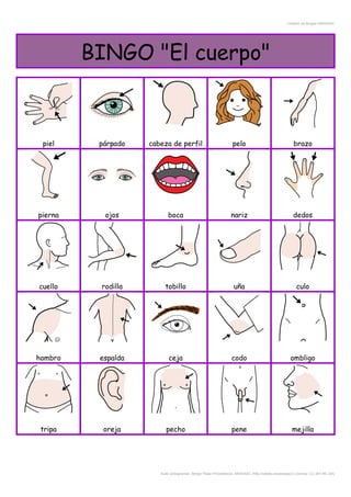 Creador de Bingos ARASAAC
BINGO "El cuerpo"
piel párpado cabeza de perfil pelo brazo
pierna ojos boca nariz dedos
cuello rodilla tobillo uña culo
hombro espalda ceja codo ombligo
tripa oreja pecho pene mejilla
Autor pictogramas: Sergio Palao Procedencia: ARASAAC (http://catedu.es/arasaac/) Licencia: CC (BY-NC-SA)
 