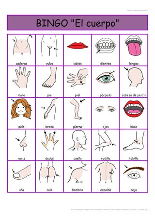 Creador de Bingos ARASAAC
BINGO "El cuerpo"
caderas vulva labios dientes lengua
mano pie piel párpado cabeza de perfil
pelo brazo pierna ojos boca
nariz dedos cuello rodilla tobillo
uña culo hombro espalda ceja
Autor pictogramas: Sergio Palao Procedencia: ARASAAC (http://catedu.es/arasaac/) Licencia: CC (BY-NC-SA)
 