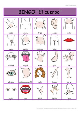 Creador de Bingos ARASAAC
BINGO "El cuerpo"
codo ombligo tripa oreja pecho
pene mejilla caderas vulva labios
dientes lengua mano pie piel
párpado cabeza de perfil pelo brazo pierna
ojos boca nariz dedos cuello
Autor pictogramas: Sergio Palao Procedencia: ARASAAC (http://catedu.es/arasaac/) Licencia: CC (BY-NC-SA)
 