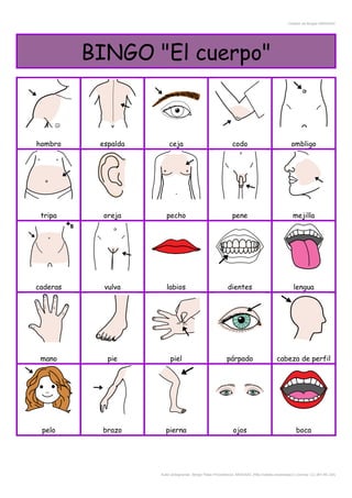 Creador de Bingos ARASAAC
BINGO "El cuerpo"
hombro espalda ceja codo ombligo
tripa oreja pecho pene mejilla
caderas vulva labios dientes lengua
mano pie piel párpado cabeza de perfil
pelo brazo pierna ojos boca
Autor pictogramas: Sergio Palao Procedencia: ARASAAC (http://catedu.es/arasaac/) Licencia: CC (BY-NC-SA)
 