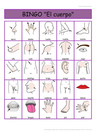 Creador de Bingos ARASAAC
BINGO "El cuerpo"
nariz dedos cuello rodilla tobillo
uña culo hombro espalda ceja
codo ombligo tripa oreja pecho
pene mejilla caderas vulva labios
dientes lengua mano pie piel
Autor pictogramas: Sergio Palao Procedencia: ARASAAC (http://catedu.es/arasaac/) Licencia: CC (BY-NC-SA)
 