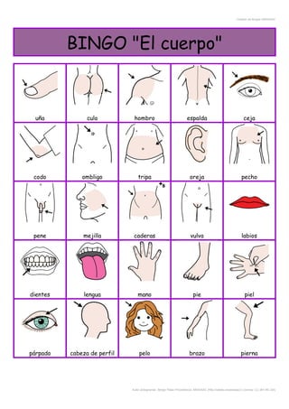 Creador de Bingos ARASAAC
BINGO "El cuerpo"
uña culo hombro espalda ceja
codo ombligo tripa oreja pecho
pene mejilla caderas vulva labios
dientes lengua mano pie piel
párpado cabeza de perfil pelo brazo pierna
Autor pictogramas: Sergio Palao Procedencia: ARASAAC (http://catedu.es/arasaac/) Licencia: CC (BY-NC-SA)
 