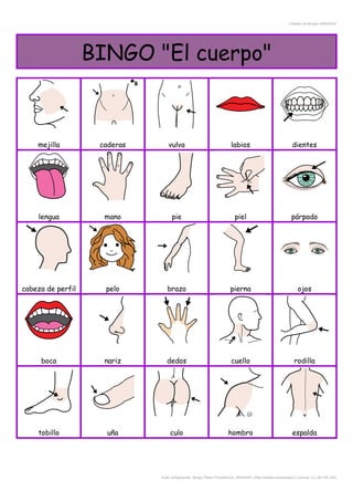 Creador de Bingos ARASAAC
BINGO "El cuerpo"
mejilla caderas vulva labios dientes
lengua mano pie piel párpado
cabeza de perfil pelo brazo pierna ojos
boca nariz dedos cuello rodilla
tobillo uña culo hombro espalda
Autor pictogramas: Sergio Palao Procedencia: ARASAAC (http://catedu.es/arasaac/) Licencia: CC (BY-NC-SA)
 