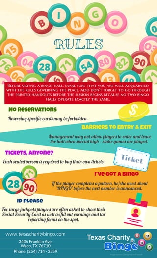 RULES
Before visitng a bingo hall, make sure that you are well acquainted
with the rules governing the place. also don’t forget to go through
the printed handouts before the session begins because no two bingo
halls operate exactly the same.
No Reservations
Reservin speci card ma b forbidde .
Barriers to Entry & Exit
Managemen ma no allow player t enter an leav
th hal whe specia hig – stak game ar playe .
Tickets, Anyone?
Eac seate perso i require t bu their ow ticket .
I’ve got a Bingo
If th player complete patter , h /sh mus shou
'BINGO' befor th n number i announce .
ID please
For larg jackpot player ar o e aske t show their
Socia Securit Car a wel a l ou earning an t
reportin form o th spo .
Ticket
www.texascharitybingo.com
3406 Franklin Ave,
Waco, TX 76710
Phone: (254) 714 - 2559
Image source: Designed by Freepik
 