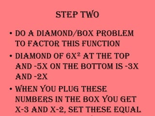 Step TwoDo a diamond/box problem to factor this functionDiamond of 6x2 at the top and -5x on the bottom is -3x and -2xWhen you plug these numbers in the box you get x-3 and x-2, set these equal to zero and they become positive