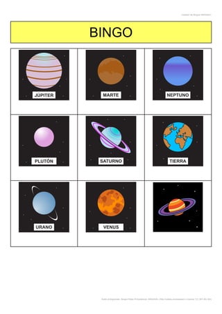 Creador de Bingos ARASAAC
Autor pictogramas: Sergio Palao Procedencia: ARASAAC (http://catedu.es/arasaac/) Licencia: CC (BY-NC-SA)
BINGO
 