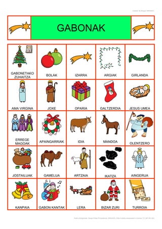 Creador de Bingos ARASAAC




                         GABONAK



GABONETAKO
                 BOLAK        IZARRA                                ARGIAK                             GIRLANDA
 ZUHAITZA




AMA VIRGINA       JOXE        OPARIA                          GALTZERDIA                            JESUS UMEA




 ERREGE
              APAINGARRIAK       IDIA                             MANDOA
 MAGOAK                                                                                              OLENTZERO




JOSTAILUAK      GAMELUA      ARTZAIA                                IKATZA                            AINGERUA




 KANPAIA      GABON KANTAK      LERA                            BIZAR ZURI                              TURROIA


                             Autor pictogramas: Sergio Palao Procedencia: ARASAAC (http://catedu.es/arasaac/) Licencia: CC (BY-NC-SA)
 