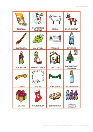 Creador de Bingos ARASAAC




            ELURREZKO
TURROIA                                     ARDIA                         ELUR-OREINA
             PANPINA




TXISTORRA    MAHATSAK                    DEZIMOA                              MELTXOR




                                                                          GABONETAKO
BALTASAR    GARBITZAILEA                  JAIOTZA
                                                                           ZUHAITZA




 IZARRA       ARGIAK                    GIRLANDA                           AMA VIRGINA




                                                                               ERREGE
 OPARIA     GALTZERDIA               JESUS UMEA
                                                                               MAGOAK




                       Autor pictogramas: Sergio Palao Procedencia: ARASAAC (http://catedu.es/arasaac/) Licencia: CC (BY-NC-SA)
 