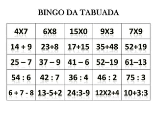 Bingo Matemático multiplicação e divisão jogo matemático