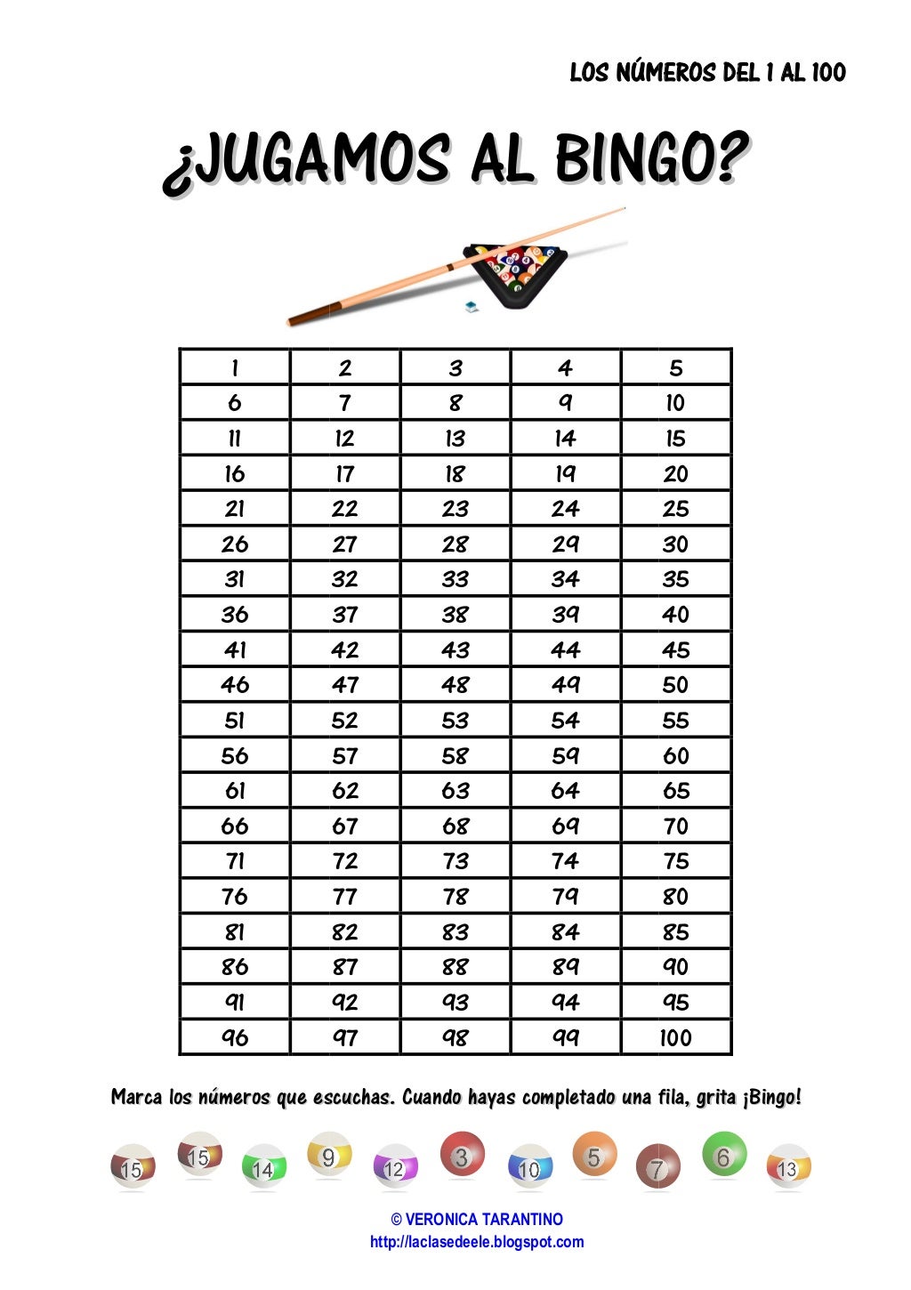 Bingo de números del 1 al 100