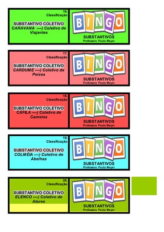 16.
Classificação
SUBSTANTIVO COLETIVO
CARAVANA ----) Coletivo de
Viajantes
SUBSTANTIVOS
Professora Paula Meyer
17.
Classificação
SUBSTANTIVO COLETIVO
CARDUME ----) Coletivo de
Peixes
SUBSTANTIVOS
Professora Paula Meyer
18.
Classificação
SUBSTANTIVO COLETIVO
CÁFILA ----) Coletivo de
Camelos
SUBSTANTIVOS
Professora Paula Meyer
19.
Classificação
SUBSTANTIVO COLETIVO
COLMÉIA ----) Coletivo de
Abelhas
SUBSTANTIVOS
Professora Paula Meyer
20.
Classificação
SUBSTANTIVO COLETIVO
ELENCO ----) Coletivo de
Atores
SUBSTANTIVOS
Professora Paula Meyer
 
