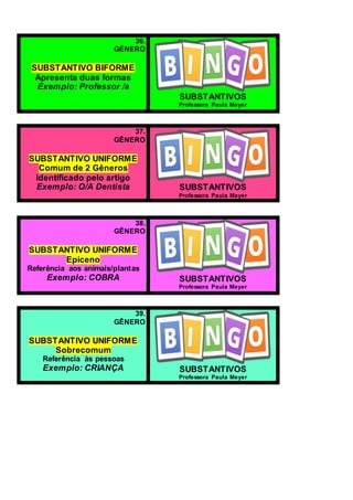 36.
GÊNERO
SUBSTANTIVO BIFORME
Apresenta duas formas
Exemplo: Professor /a
SUBSTANTIVOS
Professora Paula Meyer
37.
GÊNERO
SUBSTANTIVO UNIFORME
Comum de 2 Gêneros
Identificado pelo artigo
Exemplo: O/A Dentista SUBSTANTIVOS
Professora Paula Meyer
38.
GÊNERO
SUBSTANTIVO UNIFORME
Epiceno
Referência aos animais/plantas
Exemplo: COBRA SUBSTANTIVOS
Professora Paula Meyer
39.
GÊNERO
SUBSTANTIVO UNIFORME
Sobrecomum
Referência às pessoas
Exemplo: CRIANÇA SUBSTANTIVOS
Professora Paula Meyer
 