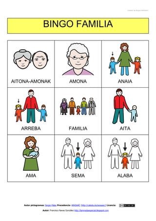 Creador de Bingos ARASAAC

BINGO FAMILIA

AITONA-AMONAK

AMONA

ANAIA

ARREBA

FAMILIA

AITA

AMA

SEMA

ALABA

Autor pictogramas: Sergio Palao Procedencia: ARASAAC (http://catedu.es/arasaac/) Licencia: CC (BY-NCAutor: Francisco Navas González http://lamiradaespecial.blogspot.com

 