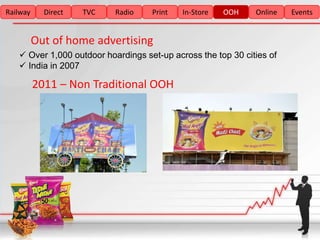 Railway     Direct   TVC   Radio    Print   In-Store   OOH    Online   Events


          Out of home advertising
    Over 1,000 outdoor hoardings set-up across the top 30 cities of
    India in 2007

          2011 – Non Traditional OOH
 
