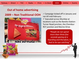 Railway   Direct   TVC   Radio   Print     In-Store   OOH      Online      Events


      Out of home advertising
                                          Campaign kicked off in January and
    2009 – Non Traditional OOH           ran till mid-February
                                          Executed across Mumbai at
                                         locations such as the Bandra Station-
                                         Turner Road junction, the Chembur
                                         RCF junction and Marine Drive

                                                “People do not spend
                                                more than three-five
                                                 seconds gazing at a
                                              hoarding and therefore, it
                                               had to be eye-catching”
 