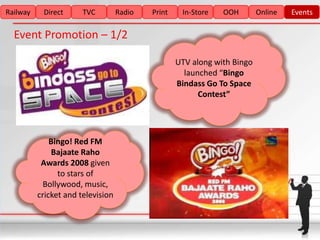 Railway    Direct      TVC         Radio   Print    In-Store   OOH        Online   Events

  Event Promotion – 1/2

                                                   UTV along with Bingo
                                                     launched “Bingo
                                                   Bindass Go To Space
                                                         Contest”




              Bingo! Red FM
               Bajaate Raho
           Awards 2008 given
                to stars of
            Bollywood, music,
          cricket and television
 