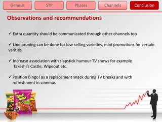 Genesis            STP             Phases           Channels        Conclusion

Observations and recommendations

 Extra quantity should be communicated through other channels too

 Line pruning can be done for low selling varieties, mini promotions for certain
varities

 Increase association with slapstick humour TV shows for example
  Takeshi’s Castle, Wipeout etc.

 Position Bingo! as a replacement snack during TV breaks and with
  refreshment in cinemas
 