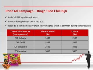 Print Ad Campaign – Bingo! Red Chili Bijli
 Red Chili Bijli signifies spiciness
 Launch during Winter: Dec – Feb 2012
 It can be a complementary snack to evening tea which is common during winter season

      Cost of display of Ad             Black & White             Colour
        (per square cm)                      (Rs)                  (Rs)
           TOI Kolkata                      1430                  2195
            TOI Delhi                       3355                  3355
          TOI Bangalore                     2485                  2485
           TOI Mumbai                       3855                  3855
 