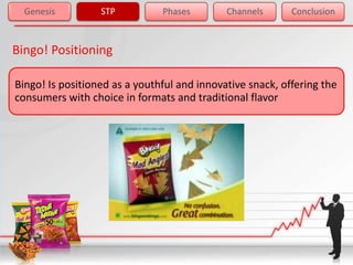 Genesis         STP          Phases        Channels      Conclusion



Bingo! Positioning

Bingo! Is positioned as a youthful and innovative snack, offering the
consumers with choice in formats and traditional flavor
 