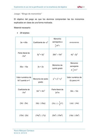 Explorando el uso de la gamificación en la enseñanza del álgebra
Rocío Márquez Carrasco
M.A.E.S. 2015/16
Juego: “Bingo de monomios”
El objetivo del juego es que los alumnos comprendan las los monomios
explicados en clase de una forma motivada.
Material necesario:
• 28 tarjetas:
3a + 40a Coeficiente de –z3
Monomio
semejante a
ab c
m+m+m+m
Parte literal de
-7m9
3y2
+ 5y2
26x2
– 10x2
4y2
- 2y2
30a – 15a 3x + 2x
Monomio de
quinto grado
Monomio
semejante
a
Valor numérico de
6x3
cuando x=1
Monomio de sexto
grado
y2
+ y2
+ y2
Valor numérico de
-3z para z=4
Coeficiente de
-7m5
3m3
+ 4m3
Parte literal de
2n2
m
32z – 12z
(3x) · (5x) (4y) · (-5xy) (5b) · (−
1
5
b ) (-zx) · (-4x)
(10x) : (2x) (14y2
) : (-7y) (5a2
) : (15a2
) (-5a) : (-5a3
)
 