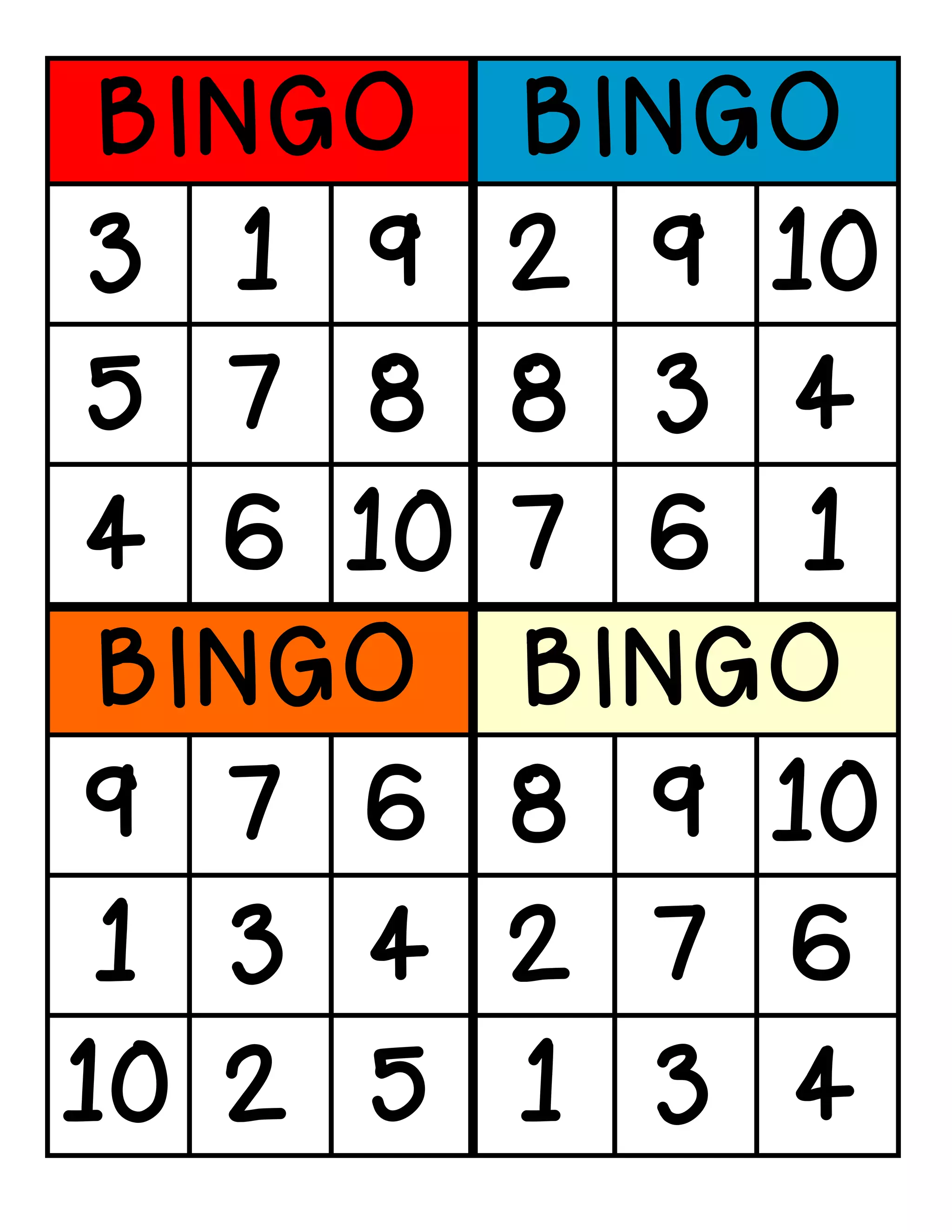 BINGO BINGO
3 1 9 2 9 10
5 7 8 8 3 4
4 6 10 7 6 1
BINGO BINGO
9 7 6 8 9 10
1 3 4 2 7 6
10 2 5 1 3 4
 