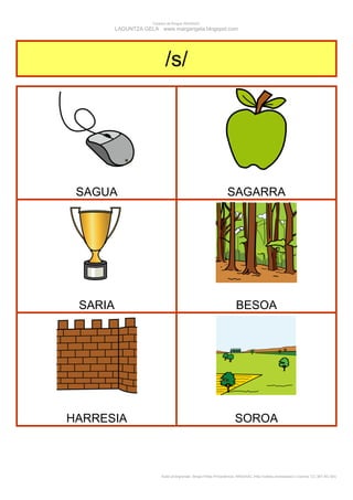 Creador de Bingos ARASAAC
         LAGUNTZA GELA www.margarigela.blogspot.com




                           /s/




 SAGUA                                                          SAGARRA




 SARIA                                                               BESOA




HARRESIA                                                            SOROA



                         Autor pictogramas: Sergio Palao Procedencia: ARASAAC (http://catedu.es/arasaac/) Licencia: CC (BY-NC-SA)
 
