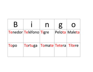 B i n g o
Tenedor Teléfono Tigre Pelota Maleta
Topo Tortuga Tomate Tetera Títere
 