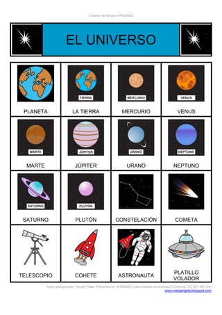 Creador de Bingos ARASAAC
Autor pictogramas: Sergio Palao Procedencia: ARASAAC (http://catedu.es/arasaac/) Licencia: CC (BY-NC-SA)
www.margarigela.blogspot.com
EL UNIVERSO
PLANETA LA TIERRA MERCURIO VENUS
MARTE JÚPITER URANO NEPTUNO
SATURNO PLUTÓN CONSTELACIÓN COMETA
TELESCOPIO COHETE ASTRONAUTA
PLATILLO
VOLADOR
 