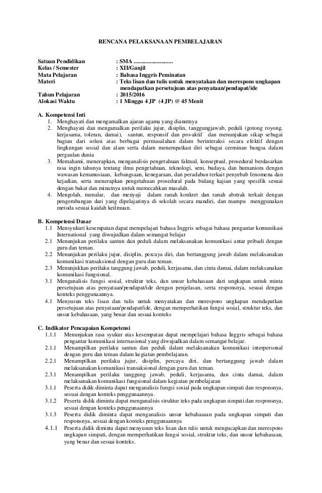 Rpp Sma Bahasa Inggris Peminatan Kelas Xii