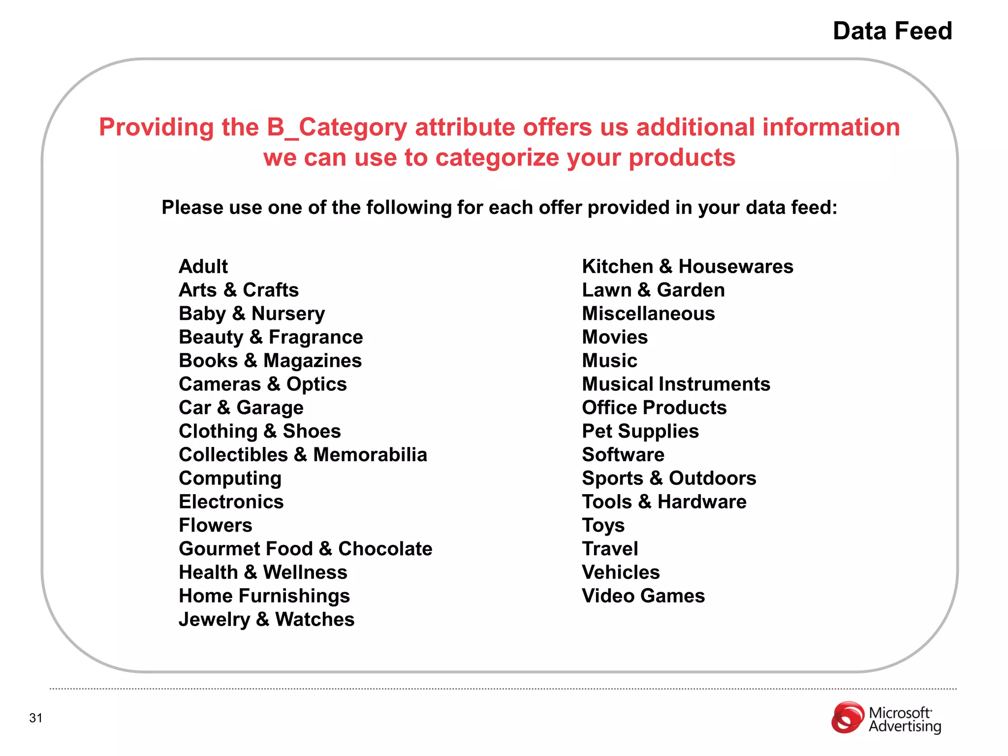 Data Feed


     Providing the B_Category attribute offers us additional information
                   we can use to categorize your products
          Please use one of the following for each offer provided in your data feed:


           Adult                                       Kitchen & Housewares
           Arts & Crafts                               Lawn & Garden
           Baby & Nursery                              Miscellaneous
           Beauty & Fragrance                          Movies
           Books & Magazines                           Music
           Cameras & Optics                            Musical Instruments
           Car & Garage                                Office Products
           Clothing & Shoes                            Pet Supplies
           Collectibles & Memorabilia                  Software
           Computing                                   Sports & Outdoors
           Electronics                                 Tools & Hardware
           Flowers                                     Toys
           Gourmet Food & Chocolate                    Travel
           Health & Wellness                           Vehicles
           Home Furnishings                            Video Games
           Jewelry & Watches



31
 
