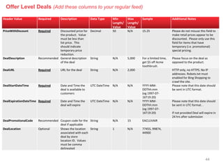 Offer Level Deals (Add these columns to your regular feed)

Header Value          Required      Description            Data Type      Min       Max       Sample                Additional Notes
                                                                          Length/   Length/
                                                                          Value     Value
PriceWithDiscount     Required    Discounted price for Decimal            50        N/A       15.25                 Please do not misuse this field to
                                  the product. Value                                                                make retail prices appear to be
                                  must be less than                                                                 discounted. Please only use this
                                  list price. This                                                                  field for items that have
                                  should indicate                                                                   temporary (i.e. promotional)
                                  temporary price                                                                   special pricing.
                                  reduction.
DealDescription       Recommended General description String              N/A       5,000     For a limited time,   Please focus on the deal as
                                  of the deal                                                 get $5 off Acme       opposed to the product.
                                                                                              toothbrush.
DealURL               Required      URL for the deal       String         N/A       2,000                           HTTP only, no HTTPS. No IP
                                                                                                                    addresses. Robots.txt must
                                                                                                                    enabled for Bing Shopping to
                                                                                                                    crawl the site.
DealStartDateTime     Required      Date and Time the      UTC DateTime   N/A       N/A       YYYY-MM-              Please note that this date should
                                    deal is available to                                      DDThh:mm              be sent in UTC format.
                                    customers                                                 (eg 1997-07-
                                                                                              16T19:20)
DealExpirationDateTime Required     Date and Time the      UTC DateTime   N/A       N/A       YYYY-MM-              Please note that this date should
                                    deal will expire                                          DDThh:mm              be sent in UTC format. .
                                                                                              (eg 1997-07-
                                                                                              16T19:20)             If not provided Deal will expire in
                                                                                                                    24 hrs after submission
DealPromotionalCode   Recommended Coupon code for the String              N/A       15        EACLUVAIR
                                  deal if applicable
DealLocation          Optional    Shows the location String               1         N/A       77455, 99874,
                                  associated with each                                        44900
                                  deal by store
                                  location ID. Values
                                  must be comma
                                  delineated


                                                                                                                                              44
 