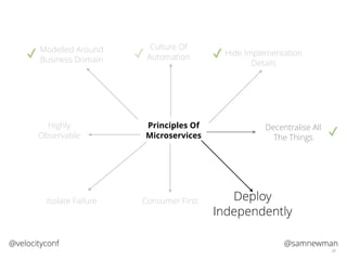 @samnewman@velocityconf
38
Principles Of
Microservices
Modelled Around
Business Domain
Culture Of
Automation Hide Implementation
Details
Isolate Failure Deploy
Independently
Highly
Observable
✔ ✔ ✔
Decentralise All
The Things
✔
Consumer First
 