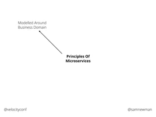 @samnewman@velocityconf
Principles Of
Microservices
Modelled Around
Business Domain
 