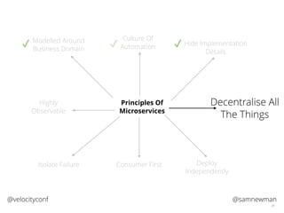 @samnewman@velocityconf
24
Principles Of
Microservices
Modelled Around
Business Domain
Culture Of
Automation Hide Implementation
Details
Decentralise All
The Things
Isolate Failure Deploy
Independently
Highly
Observable
✔ ✔ ✔
Consumer First
 