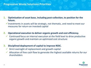 Progressive Waste Solutions Priorities

1. Optimization of asset base, including post-collection, to position for the
future.
Investments in assets will be strategic, not thematic, and need to meet our
measures for return on invested capital

2. Operational execution to deliver organic growth and cost efficiency.
 Continued focus on internal execution at the field level to drive productive
organic growth and maintain an optimized cost structure

3. Disciplined deployment of capital to improve ROIC.
 Strict oversight of replacement and growth capital
 Allocation of free cash flow to generate the highest available returns for our
shareholders

14

 