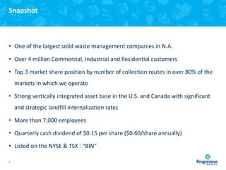Snapshot

• One of the largest solid waste management companies in N.A.
• Over 4 million Commercial, Industrial and Residential customers
• Top 3 market share position by number of collection routes in over 80% of the
markets in which we operate
• Strong vertically integrated asset base in the U.S. and Canada with significant
and strategic landfill internalization rates
• More than 7,000 employees
• Quarterly cash dividend of $0.15 per share ($0.60/share annually)
• Listed on the NYSE & TSX : “BIN”
3

 