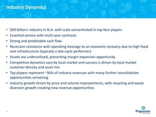 Industry Dynamics

•
•
•
•
•
•
•
•

4

$60 billion+ industry in N.A. with scale concentrated in top four players
Essential service with multi-year contracts
Strong and predictable cash flow
Recession resistance with operating leverage to an economic recovery due to high fixed
cost infrastructure (typically a late-cycle performer)
Assets are underutilized, presenting margin expansion opportunity
Competitive dynamics vary by local market and success is driven by local market
customer density and asset mix
Top players represent ~36% of industry revenues with many further consolidation
opportunities remaining
Industry growth driven by price and volume improvements, with recycling and waste
diversion growth creating new revenue opportunities

 