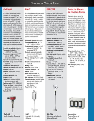 Sensores de Nivel de Punto
BM-T
Al activar una alerta cuando el dispos-
itivo se inclina al menos 15 grados,
el indicador de nivel de interruptor de
inclinación BM-T, versátil y rentable,
se puede utilizar para detectar altos
niveles de materiales grandes y pesa-
dos en contenedores, tanques y silos.
Alternativamente, se puede usar para
detectar tapones u obstrucciones en
los conductos durante las operacio-
nes de proceso o como un sensor de
carga cuando se coloca sobre pilas
abiertas o transportadores.
Principio de medición: Inclinación
Temperatura Ambiente: -40°F a
+300°F (-40°C a +149°C)
Temperatura del proceso: A 176°F
estándar (80°C); a 300°F alta
temperatura (150°C)
Conducto de conexión/entrada:
conector de cable M16 (opción:
2 conectores de cable)
Material de la caja: Aluminio fundido
a presión
Densidad del material: Desde
2 lb./cu. ft.
Montaje: 1” NPT
Potencia: 20-250V AC/DC
Consumo de energía: 3 VA
Presión: 145 psi
Varilla: Acero inoxidable 304,
longitud de inserción de 6”
Relé interruptor: SPDT 5A 250 VAC
Tiempo de retraso: 1 segundo desde
la parada de la vibración, 2 a 5
segundos para el inicio
de la vibración
Peso: 3-3/4 lb. (1.7 kg)
BM-TSM
El BM-TSM es un interruptor de
inclinación patentado, libre de mercu-
rio, utilizado para la detección de alto
nivel de polvos y sólidos a granel con
una densidad aparente de al menos
15 lb./cu. ft. Se monta en la parte su-
perior del recipiente y está equipado
con un eje a medida en longitudes
desde un pie hasta ocho pies de
longitud. El BM-TSM está disponible
con una paleta o una esfera montada
en el extremo del eje.
Principio de medición: Inclinación
Temperatura Ambiente: -40°F
a +185°F (-40°C a +85°C)
Aprobaciones/Certificación: CSA/
US Clase II, División I Grupos E,
F y G; ATEX – vea el website
Conducto de conexión/entrada:
3/4” NPT
Material de la caja: Aluminio fundido
a presión
Densidad del material: Desde
15 lb./cu. ft.
Montaje: 1-1/4” NPT
Potencia: 115 VAC ± 10%, 50/60 Hz,
3 VA. 230 VAC ± 10%, 50/60 Hz,
3 VA. 24-48 VDC, 2 W máximo
Eje: Tubo de acero inoxidable o
galvanizado de 1/4”, 1’a 8’ de
longitud
Relé interruptor: Interruptor
mecánico SPDT, 250 VAC @
15A máximo
Panel de Alarma
de Nivel de Punto
El panel de alarma de nivel de
punto consolida los datos de los
sensores de nivel de punto en una
ubicación centralizada conveniente.
Disponible con cuatro a 24 estacio-
nes indicadoras de nivel de recipi-
entes, el panel de alarma es capaz
de monitorear el estado alto y bajo
para dos a 12 recipientes separa-
dos desde un solo panel. Alerta a
los usuarios sobre las condiciones
de nivel de recipientes a través de
una luz LED parpadeante y una
alarma audible, ahorrando tiempo y
eliminando la necesidad de inspec-
cionar manualmente los niveles del
recipiente.
Temperatura Ambiente: -40°F a
+300°F (-40°C a +149°C)
Clasificación de la caja: NEMA 4X
Potencia: 115 VAC ± 10%, 50/60
Hz, 3 VA. 230 VAC ± 10%,
50/60 Hz, 3 VA. 24-48 VDC, 2
W máximo
Relé interruptor: SPDT, 2 Amp
240 VAC
CVR-600
El CVR-600 es una varilla vibrante
compacta con un tomacorriente
(enchufe) de montaje NPT de 1” que
se puede usar en temperaturas de
proceso de hasta 300°F. Es ideal
para contenedores pequeños, tolvas y
alimentadores. Es fácil de instalar y se
monta en la parte superior o lateral de
un recipiente para indicación de nivel
alto, medio o bajo. Tres ajustes de
sensibilidad lo hacen adaptable para
materiales livianos y pesados. Los
dispositivos electrónicos remotos a
través de un panel de alarma de nivel
de punto están disponibles para alertar
a los niveles de contenedores de
cuatro hasta 24 sensores individuales.
Principio de medición: Vibración
Temperatura Ambiente: -4°F a
+150°F (-40°C a +65°C)
Temperatura del proceso: A 176°F
estándar (80°C); a 300°F alta
temperatura (150°C)
Conducto de conexión/entrada: 1/2”
Material de la caja: Aluminio fundido
a presión
Clasificación de la caja: NEMA 4
Densidad del material: Desde 2 lb./cu. ft.
Montaje: 1-1/4” NPT
Potencia: Amplio rango 20-250V
AC/DC
Consumo de energía: 3 VA
Presión: 145 psi
Varilla: Acero inoxidable AISI 302,
longitud de inserción de 6”
Relé interruptor: SPDT 5A 250 VAC
Tiempo de retraso: 1 segundo desde
la parada de la vibración, 2 a 5 se-
gundos para el inicio de la vibración
Cableado: 1/2”
CVR-600
Varilla Vibradora Compacta
BM-T
Interruptor de Inclinación
Colgante
BM-TSM
Interruptor de Inclinación
Libre de Mercurio
Annunciator
Panel de Alarma del
Punto de Nivel
 