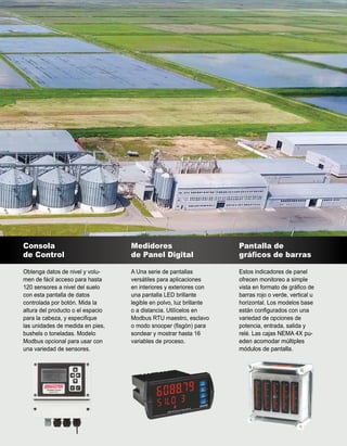 Consola
de Control
Obtenga datos de nivel y volu-
men de fácil acceso para hasta
120 sensores a nivel del suelo
con esta pantalla de datos
controlada por botón. Mida la
altura del producto o el espacio
para la cabeza, y especifique
las unidades de medida en pies,
bushels o toneladas. Modelo
Modbus opcional para usar con
una variedad de sensores.
Medidores
de Panel Digital
A Una serie de pantallas
versátiles para aplicaciones
en interiores y exteriores con
una pantalla LED brillante
legible en polvo, luz brillante
o a distancia. Utilícelos en
Modbus RTU maestro, esclavo
o modo snooper (fisgón) para
sondear y mostrar hasta 16
variables de proceso.
Pantalla de
gráficos de barras
Estos indicadores de panel
ofrecen monitoreo a simple
vista en formato de gráfico de
barras rojo o verde, vertical u
horizontal. Los modelos base
están configurados con una
variedad de opciones de
potencia, entrada, salida y
relé. Las cajas NEMA 4X pu-
eden acomodar múltiples
módulos de pantalla.
 
