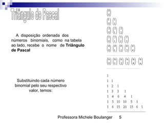 Professora Michele Boulanger 5
A disposição ordenada dos
números binomiais, como na tabela
ao lado, recebe o nome de Triân...