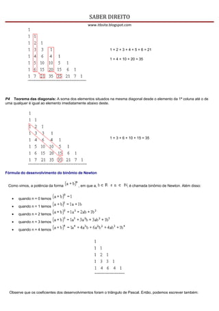 SABER DIREITO
                                               www.itbsite.blogspot.com




                                                           1 + 2 + 3 + 4 + 5 + 6 = 21

                                                           1 + 4 + 10 + 20 = 35




P4 Teorema das diagonais: A soma dos elementos situados na mesma diagonal desde o elemento da 1ª coluna até o de
uma qualquer é igual ao elemento imediatamente abaixo deste.




                                                           1 + 3 + 6 + 10 + 15 = 35




Fórmula do desenvolvimento do binômio de Newton


 Como vimos, a potência da forma         , em que a,                 , é chamada binômio de Newton. Além disso:


   •   quando n = 0 temos

   •   quando n = 1 temos

   •   quando n = 2 temos

   •   quando n = 3 temos

   •   quando n = 4 temos




  Observe que os coeficientes dos desenvolvimentos foram o triângulo de Pascal. Então, podemos escrever também:
 