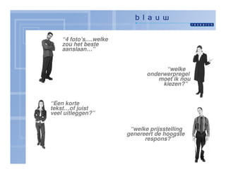 “4 foto’s….welke
    zou het beste
    aanslaan…”


                                    “welke
                              onderwerpregel
                                 moet ik nou
                                   kiezen?”


“Een korte
tekst…of juist
veel uitleggen?”

                        “welke prijsstelling
                       genereert de hoogste
                             respons?”
 