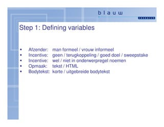 Step 1: Defining variables


   Afzender:    man formeel / vrouw informeel
   Incentive:   geen / terugkoppeling / goed doel / sweepstake
   Incentive:   wel / niet in onderwerpregel noemen
   Opmaak:      tekst / HTML
   Bodytekst:   korte / uitgebreide bodytekst
 
