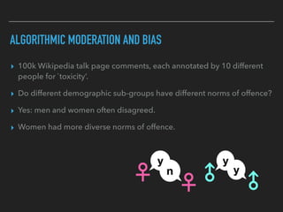 ALGORITHMIC MODERATION AND BIAS
▸ 100k Wikipedia talk page comments, each annotated by 10 different
people for `toxicity’....