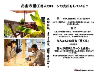 お金の話①他人のローンの支払をしている？

あ
な
た
は
、
４
０
３
２
万
も
「
捨
て
ま
す
か
」
？

今、あなたは住居費にいくら払ってますか？
ここで、賃貸アパートで生活する夫婦総額をシミュレーショ
ンしてみましょう。

仮に
ご主人の年齢が３０歳で、今の家賃が月７万とします。

１年間で８４万、１０年で８４０万、御主人が平均寿命の７８歳
まで生きたとして、あと４８年払い続けたら

なんと4,032万も「捨てる」
ことになる

他人が借りたローンと金利を
「家賃」という名を借りて他人の人生の為に、支払をして
いるのです。
そもそも６０歳で定年になって、収入が無くなっても家賃を
払い続けられるのでしょうか？

 