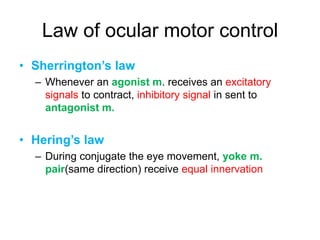 Law of ocular motor control
• Sherrington’s law
  – Whenever an agonist m. receives an excitatory
    signals to contract, inhibitory signal in sent to
    antagonist m.


• Hering’s law
  – During conjugate the eye movement, yoke m.
    pair(same direction) receive equal innervation
 
