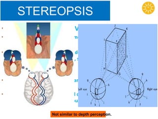 STEREOPSIS
• 3rd Grade of Binocular Vision
• Visual appreciation of three dimensions
• Ability to obtain impression of depth by superimposition of
two images of the same object, seen from 2 slightly different
angle.
• Retinal disparity (Fixation disparity) is the basis of 3 D
perception
• Stereopsis occurs when Retinal disparity is not large enough
for simple fusion but small enough to cause diplopia
Not similar to depth perception.
 