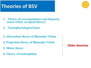 1. Theory of correspondence and disparity
(most widely accepted theory)
2. Neurophysiological basis
3. Alternation theory of Binocular Vision
4. Projection theory of Binocular Vision
5. Motor theory
6. Theory of isomorphism
Theories of BSV
Older theories
 