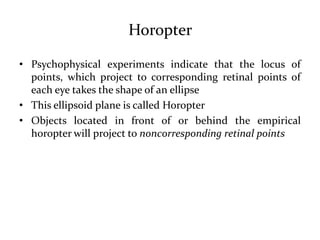 Horopter
• Psychophysical experiments indicate that the locus of
points, which project to corresponding retinal points of
each eye takes the shape of an ellipse
• This ellipsoid plane is called Horopter
• Objects located in front of or behind the empirical
horopter will project to noncorresponding retinal points
 